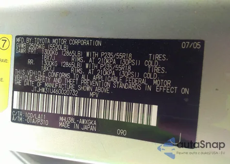 2006 Lexus Rx 400H из США, поврежденный, VIN JTJHW31U460020732